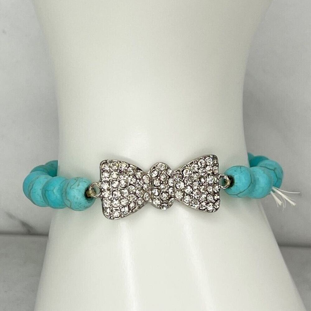 Faux Turquoise Rhinestone Bow Beaded Stretch Bracelet